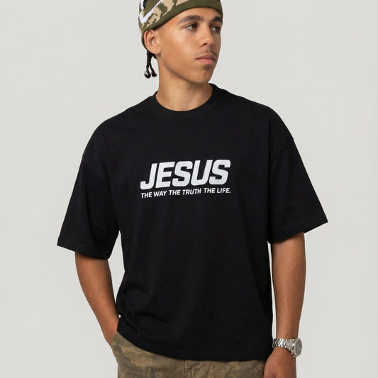 Model wearing black JESUS The Way The Truth The Life Christian streetwear t-shirt