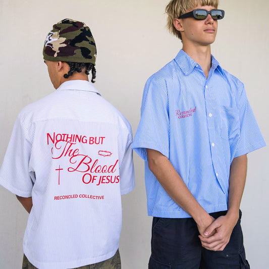 Front and back view of lightweight Nothing But The Blood button up Christian shirt showing logo and bold back print design