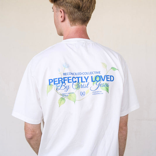 White oversized Christian T-shirt with blue “Perfectly Loved By Christ Jesus” back print and soft green vine graphics by Reconciled Collective.